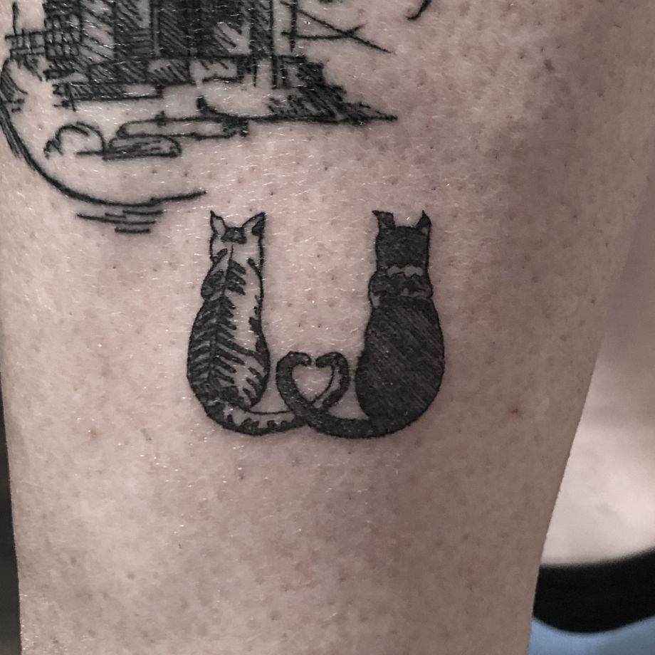 TatuajeTatuaje estilo sketch de unos gatos black work de unas estrellas